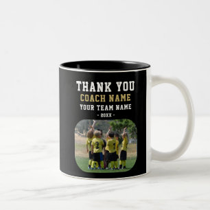 Caneca De Café Em Dois Tons Obrigado Treinador com foto do nome da equipe
