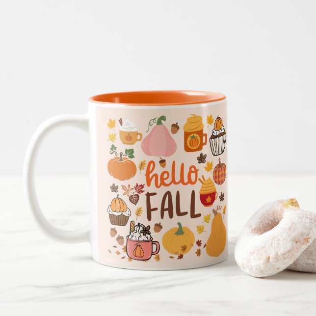 Caneca De Café Em Dois Tons Olá Abóboras de Outono (Com Donut)