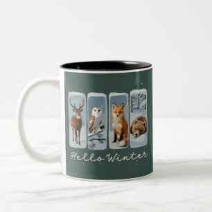 Caneca De Café Em Dois Tons Olá Animais de Inverno Veado Coruja Raposa Urso Te