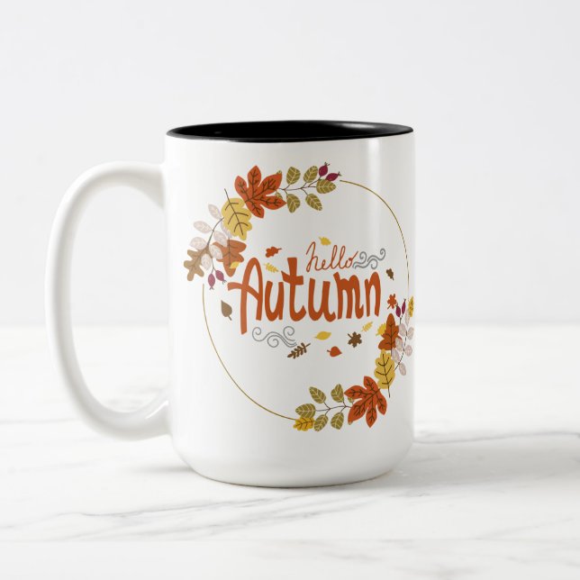 Caneca De Café Em Dois Tons Olá Outono com Design de Folhas (Esquerda)