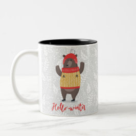 Caneca De Café Em Dois Tons Olá Winter Season Saudando Ilustração Bear Arte