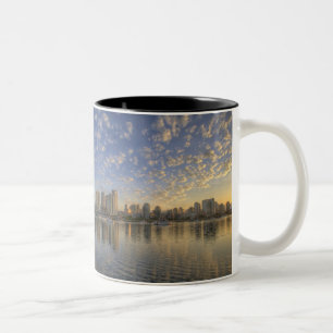 Caneca De Café Em Dois Tons Olhando através do False Creek para a silhueta de
