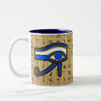 Caneca De Café Em Dois Tons Olho De Cavalo Azul Em Hieroglifos