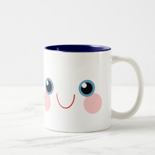Caneca De Café Em Dois Tons Olhos Azuis Kawaii Rosto Sorriso Feliz Calmo Doce