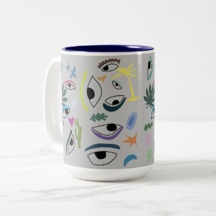 Caneca De Café Em Dois Tons Olhos Estrelas Plantas Arte Mínima Moderna