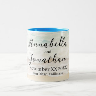 Caneca De Café Em Dois Tons Ondas de Paisagem de Praia em um Casamento de Prai