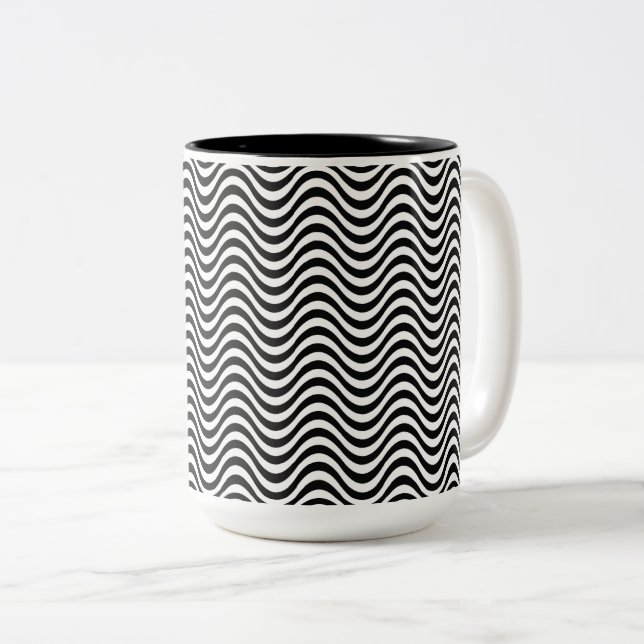 Caneca De Café Em Dois Tons Ondas Pretas e Brancas (Frente Esquerda)