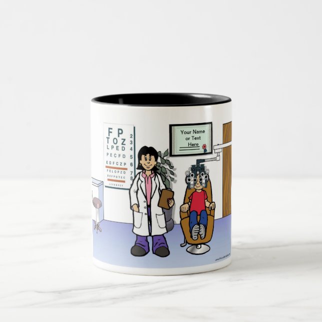 Caneca De Café Em Dois Tons Optometrista Personalizado - Cartoon feminino (Centro)