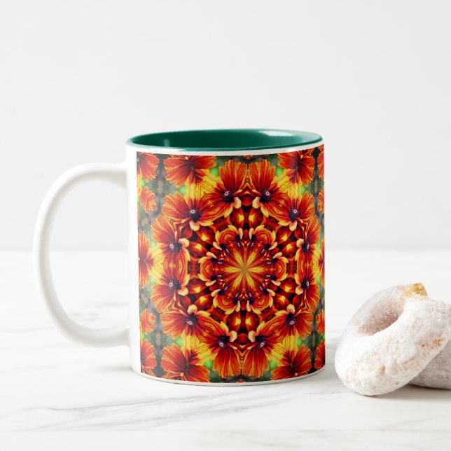 Caneca De Café Em Dois Tons Orange Daisy Caleidoscope Flower Art (Com Donut)