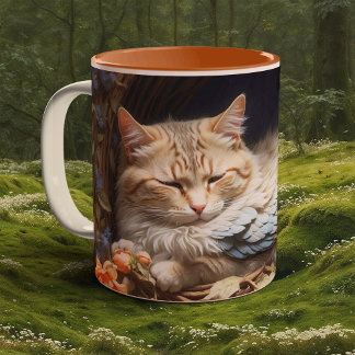Caneca De Café Em Dois Tons Orange Tabby Kitten na cama de penas azuis