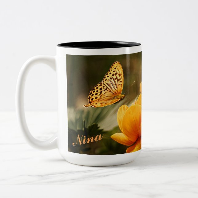 Caneca De Café Em Dois Tons OrangeButterfly, flores alaranjadas (Esquerda)