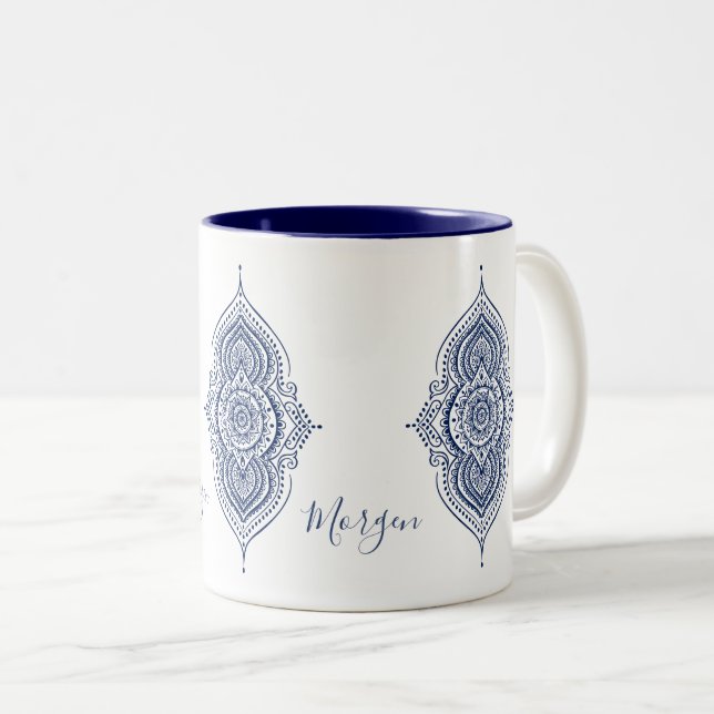 Caneca De Café Em Dois Tons Ornamentado Blue Paisley Mandala (Frente Esquerda)