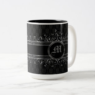 Caneca De Café Em Dois Tons Ornamentado Gótico Preto e Prateado Monograma