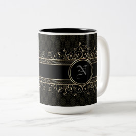 Caneca De Café Em Dois Tons Ornamentado preto e Dourado, com monograma