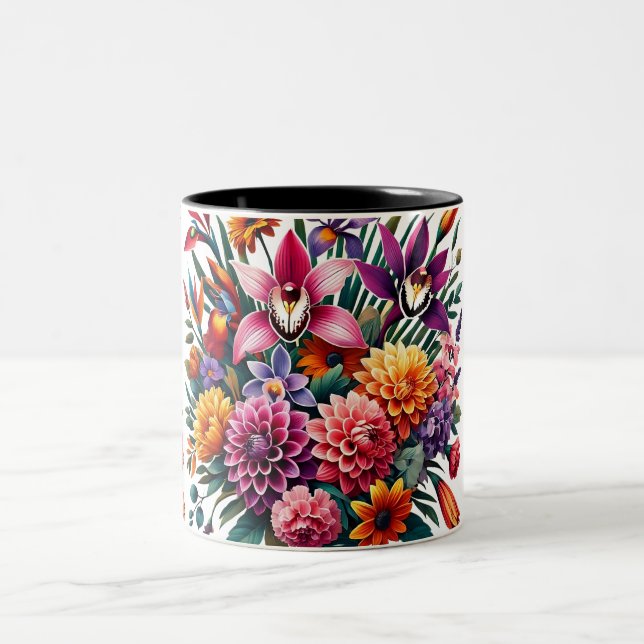 Caneca De Café Em Dois Tons Orquídea vibrante e Dahlia Floral (Centro)
