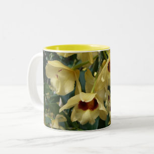 Caneca De Café Em Dois Tons Orquídeas Elegantes Amarelas e Marrons