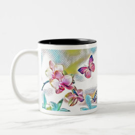 Caneca De Café Em Dois Tons Orquídeas, flores e borboletas cor-de-rosa