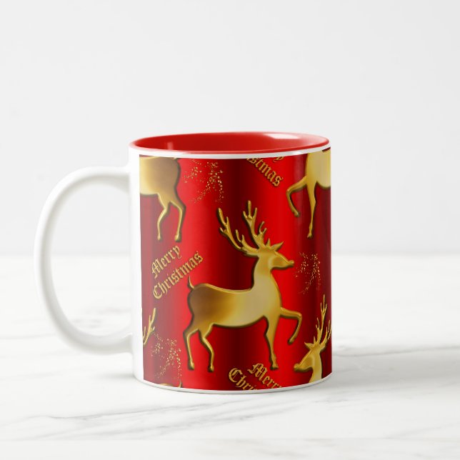 Caneca De Café Em Dois Tons Ouro Reindeer no Natal Vermelho (Esquerda)