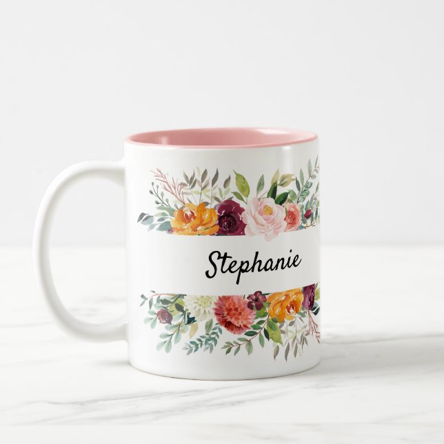 Caneca De Café Em Dois Tons Outono Burgundy Blush Floral Chá de panela (Esquerda)