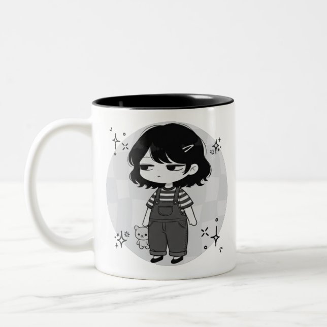 Caneca De Café Em Dois Tons Over It Round Aesthetic Chibi Girl Illustration (Esquerda)