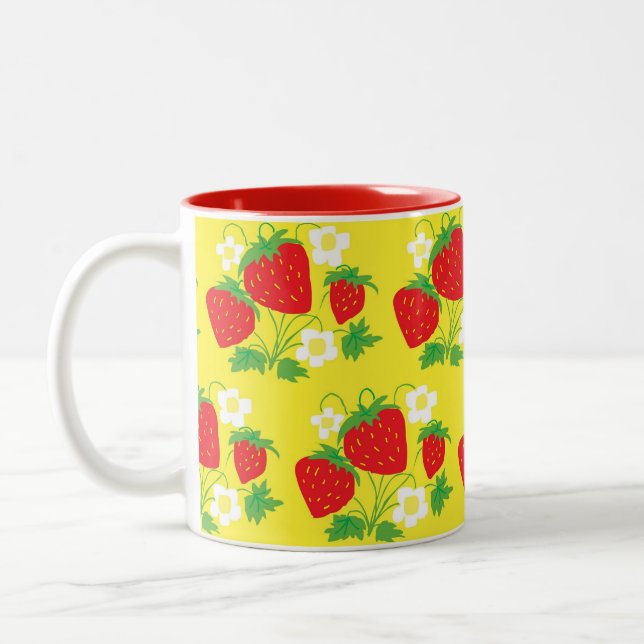 Caneca De Café Em Dois Tons Padrão Amarelo de Morango e Flor (Esquerda)