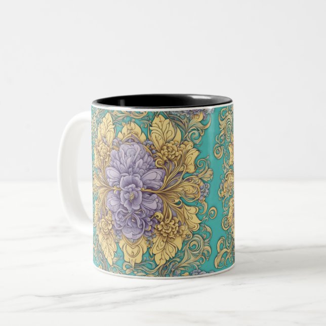 Caneca De Café Em Dois Tons Padrão Amarelo Roxo-Teal (Frente Esquerda)