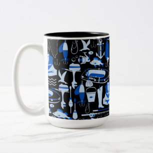 Caneca De Café Em Dois Tons Padrão Azul de Pesca Desativado