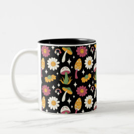 Caneca De Café Em Dois Tons Padrão Black Mushroom, Rainbow e Daisies