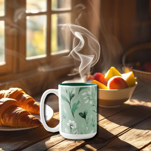 Caneca De Café Em Dois Tons Padrão botânico em verdes sutis