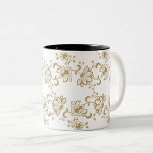 Caneca De Café Em Dois Tons Padrão Botânico Floral Dourado Elegante
