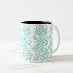 Caneca De Café Em Dois Tons Padrão Botânico Floral Turquesa Elegante
