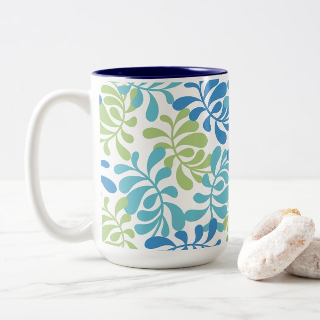 Caneca De Café Em Dois Tons Padrão Botânico Folhas Oceano Azul (Com Donut)