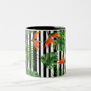 Caneca De Café Em Dois Tons Padrão Botânico Listrado de Monstera Tropical