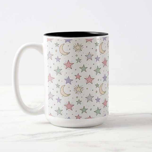 Caneca De Café Em Dois Tons Padrão Caprichoso de Lua e Estrela (Esquerda)