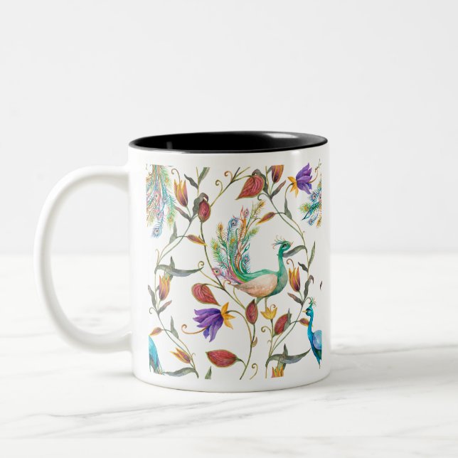 Caneca De Café Em Dois Tons Padrão com pavão e flores pavão (Esquerda)