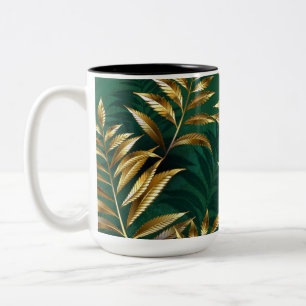 Caneca De Café Em Dois Tons Padrão contínuo com samambaias douradas