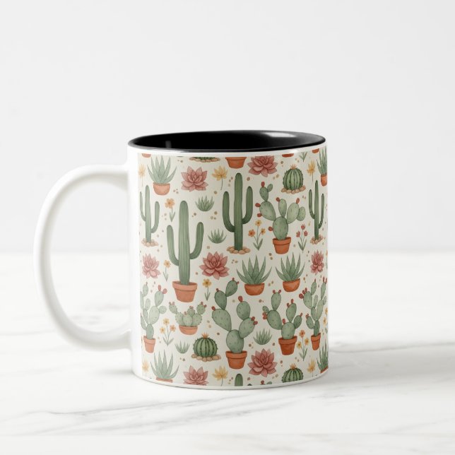 Caneca De Café Em Dois Tons Padrão contínuo de cactos suculentos do deserto (Esquerda)