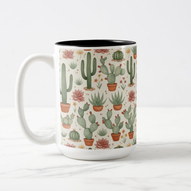 Caneca De Café Em Dois Tons Padrão contínuo de cactos suculentos do deserto (Esquerda)