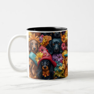 Caneca De Café Em Dois Tons Padrão contínuo de Dachshund floral - Amantes de c