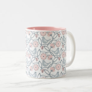 Caneca De Café Em Dois Tons Padrão contínuo de flores e pássaros