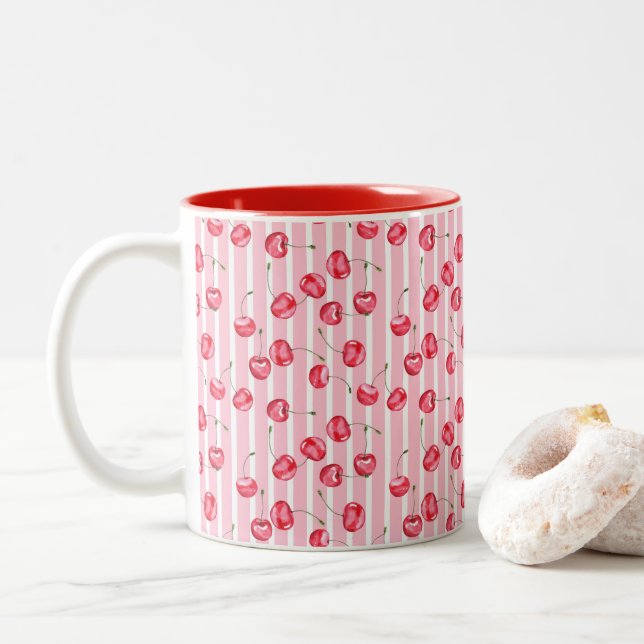 Caneca De Café Em Dois Tons Padrão de Aquarela de Cereja (Com Donut)