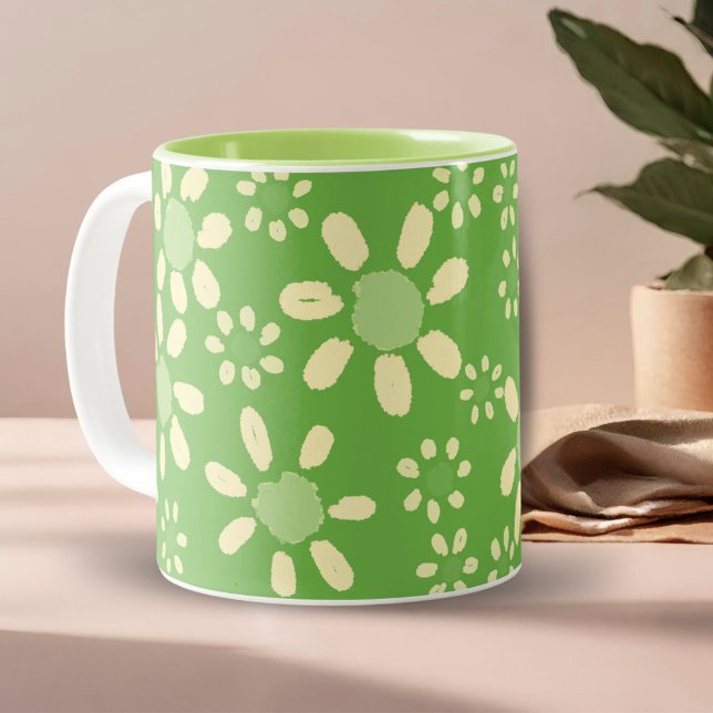Caneca De Café Em Dois Tons Padrão de Aquarela de Flores Verde (Criador carregado)