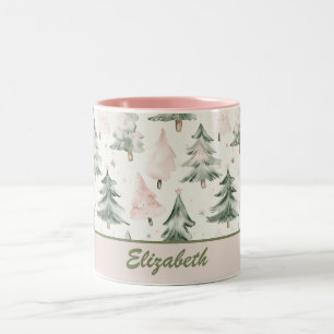 Caneca De Café Em Dois Tons Padrão de Árvores de Pinheiros Verde e Rosa