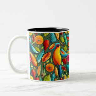 Caneca De Café Em Dois Tons Padrão de aves tropicais brilhantes