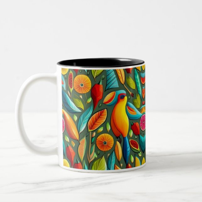 Caneca De Café Em Dois Tons Padrão de aves tropicais brilhantes (Esquerda)