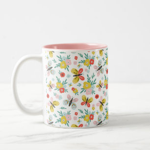 Caneca De Café Em Dois Tons Padrão de Borboleta e Floral