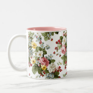 Caneca De Café Em Dois Tons Padrão de Buquê Floral de Casa de Campo Vintage