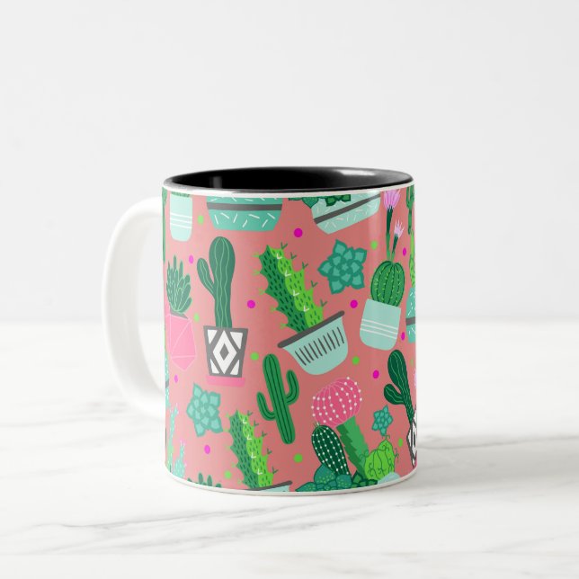 Caneca De Café Em Dois Tons Padrão de Cactus do Sudoeste Rosa (Frente Esquerda)