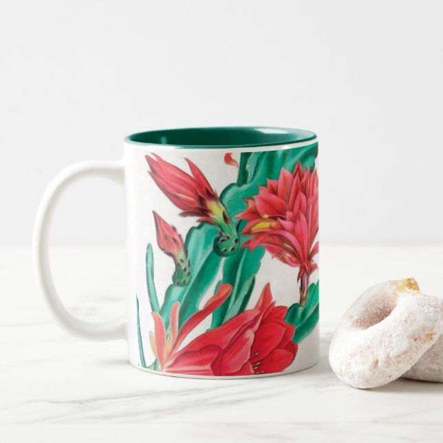Caneca De Café Em Dois Tons Padrão de Cactus Vermelho Verde (Com Donut)