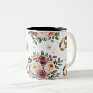 Caneca De Café Em Dois Tons Padrão de casamento floral em aquarela elegante